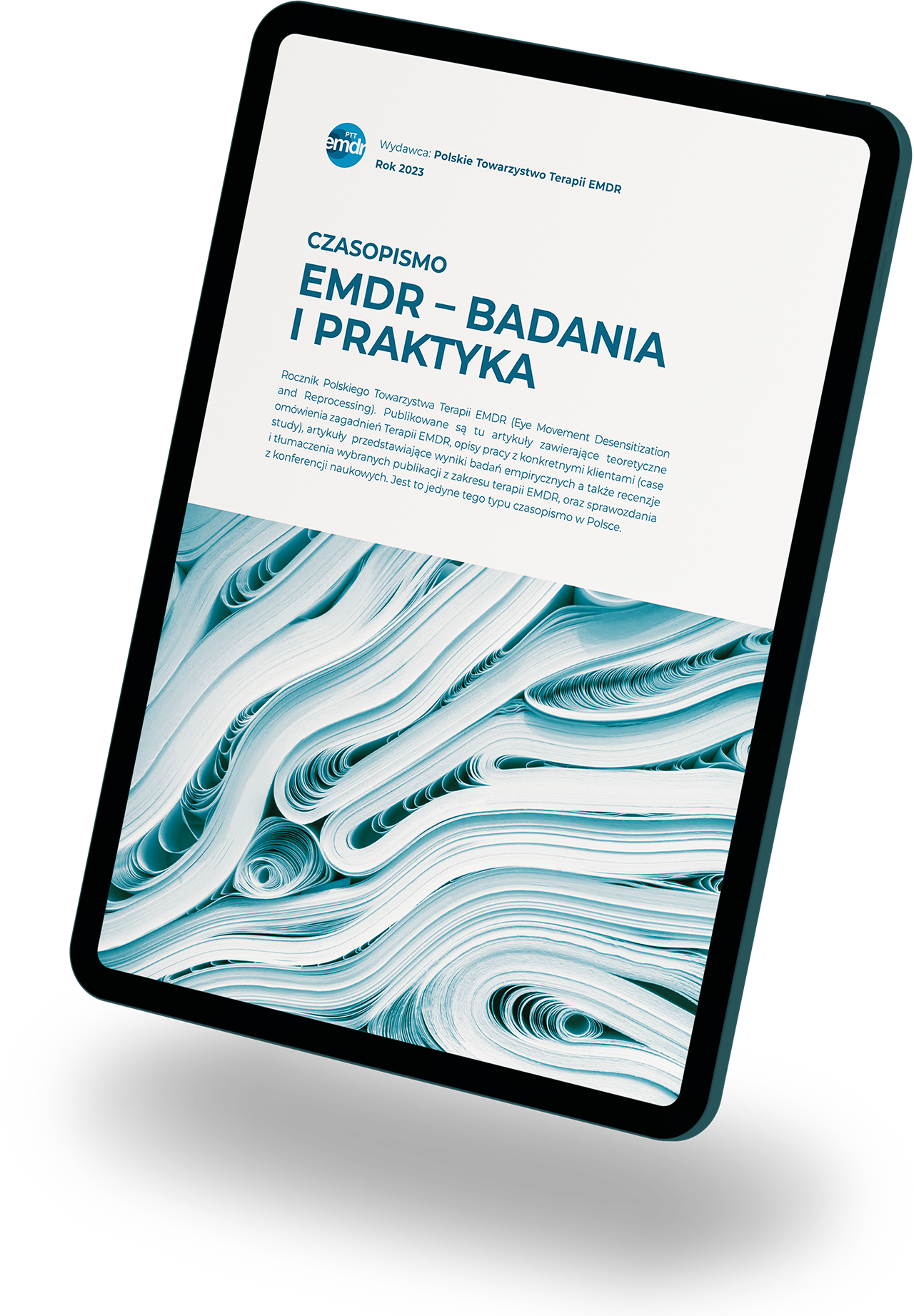 Tablet z okładką czasopisma EMDR - Badania i Praktyka.